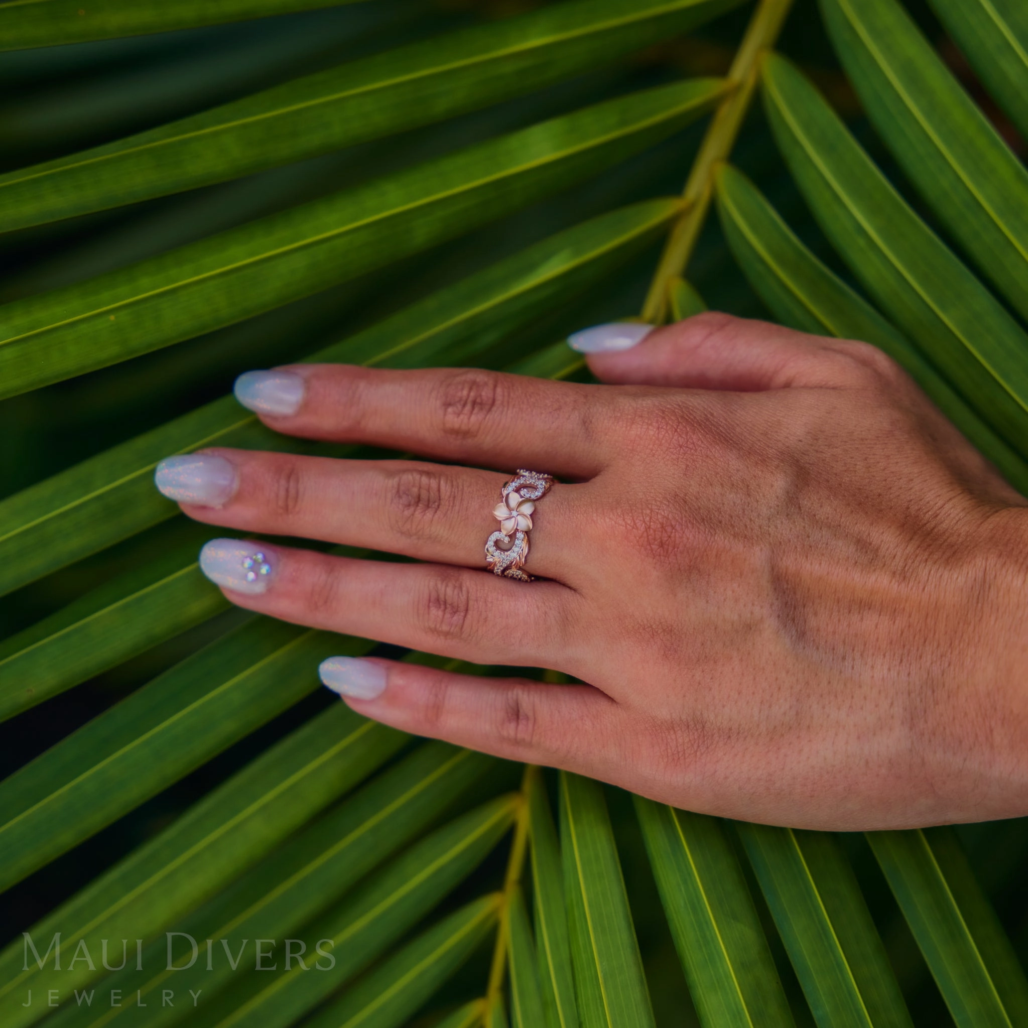 Delicate Form Simple pieces Hawaiian Heirloom Plumeria Ring in Rose Gold with Diamonds - 8mm