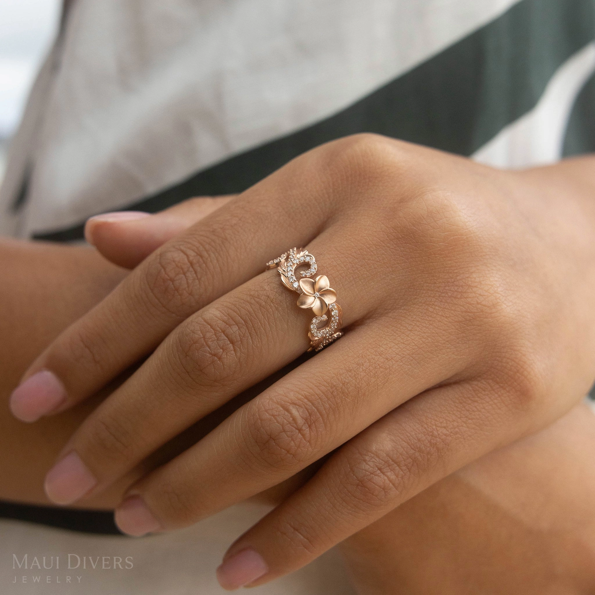 Hawaiian Heirloom Plumeria Ring in Rose Gold with Diamonds - 8mm Nature Inspired