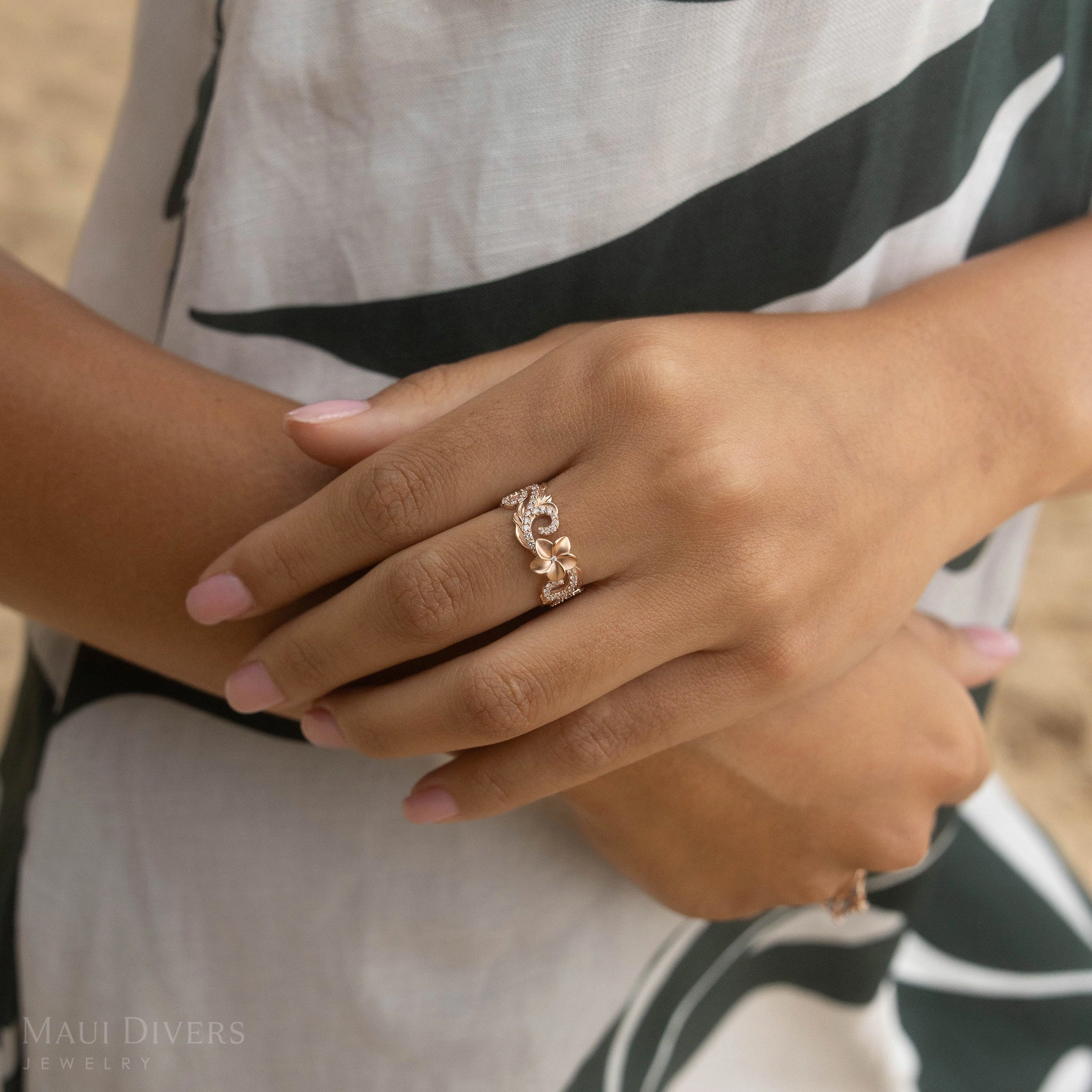 Hawaiian Heirloom Plumeria Ring in Rose Gold with Diamonds - 8mm Luxury Layer Elegant Statement