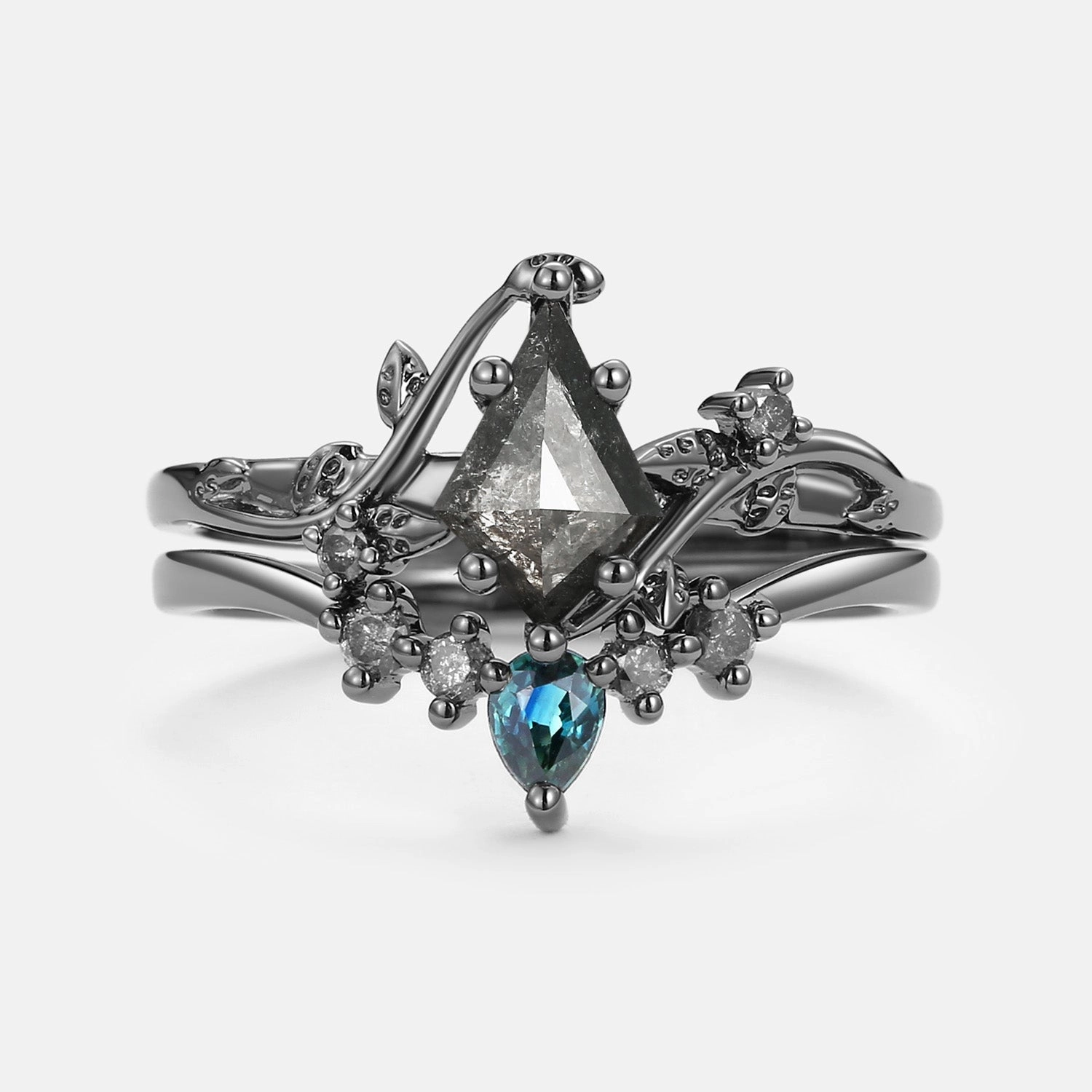 Polished Surface Kite & Pear Cut Salt and Pepper Diamonds Natural Leafy Engagement Ring Set 2pcs
