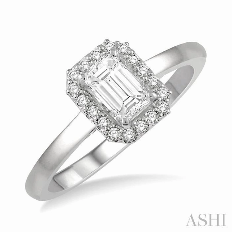 1/3 ctw Round Cut Diamond Engagement Ring With 1/4 ct Emerald Cut Center Stone in 14K White Gold Formal Occasion All Purpose
