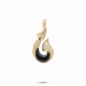 Sealife Fish Hook Black Coral Pendant in Gold with Diamonds - 27mm Youth Set