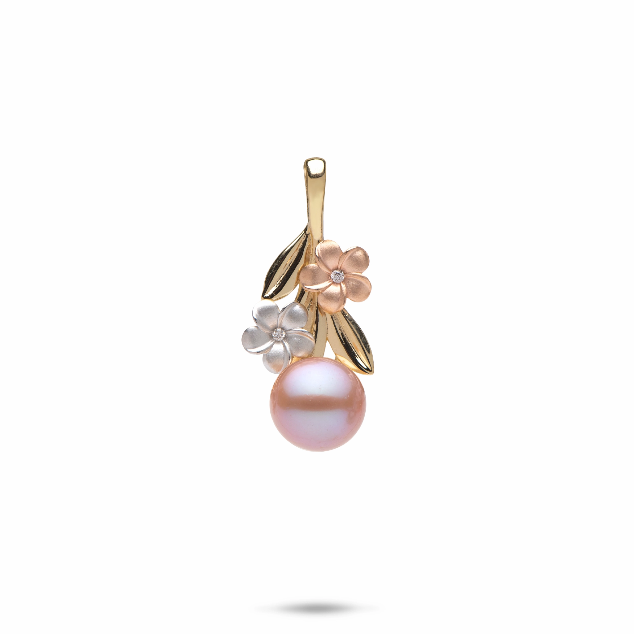 Youthful Twist Pearls in Bloom Plumeria Lavender Freshwater Pearl Pendant in Tri Color Gold with Diamonds - 7-8mm