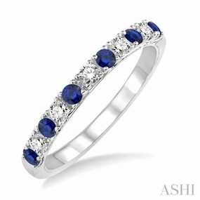 2.2 MM Round Cut Sapphire and 1/5 Ctw Round Cut Diamond Precious Band in 14K White Gold Cultural Heritage Elegant Style
