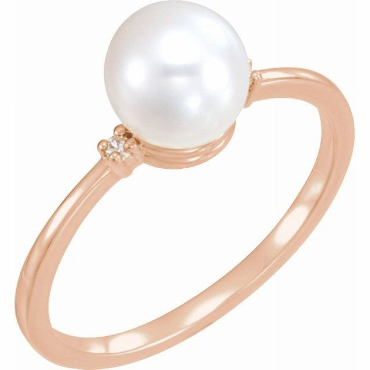 14K Rose Cultured White Freshwater Pearl & .025 CTW Natural Diamond Ring HighEnd Design