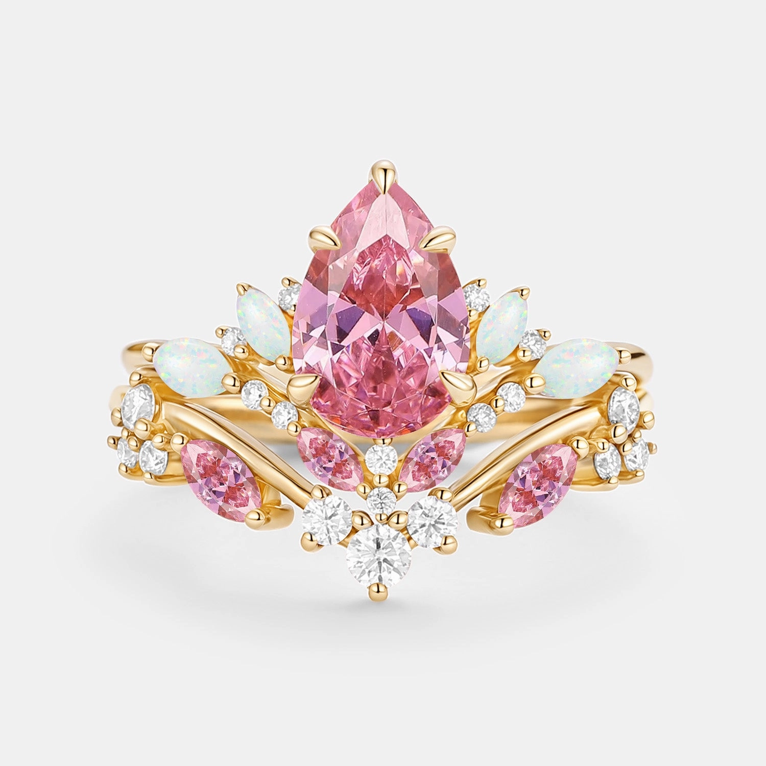 Pear Cut Lab Pink Sapphire & Lab Opal Leafy Ring Sets 2pcs - Nectar Refined Shine