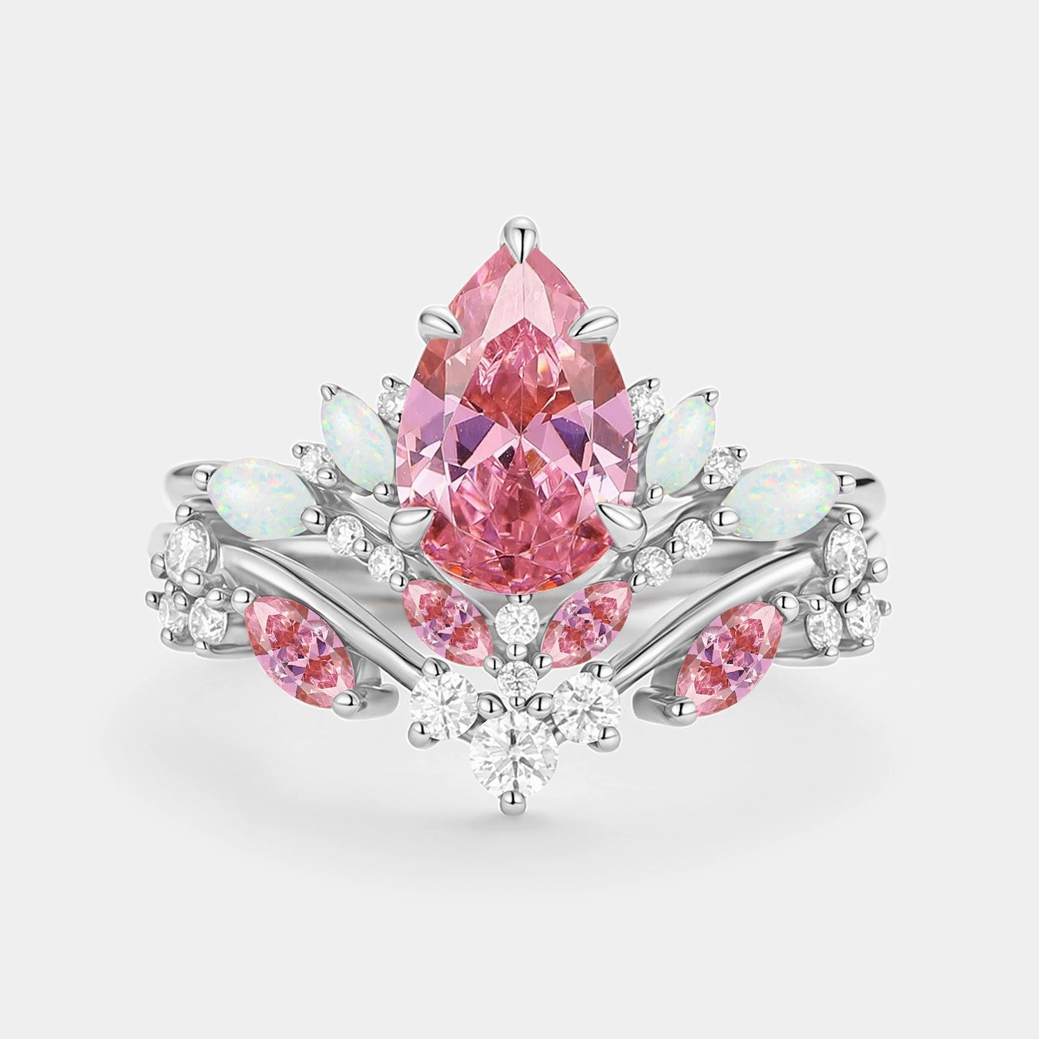 Pear Cut Lab Pink Sapphire & Lab Opal Leafy Ring Sets 2pcs - Nectar Father??s Day