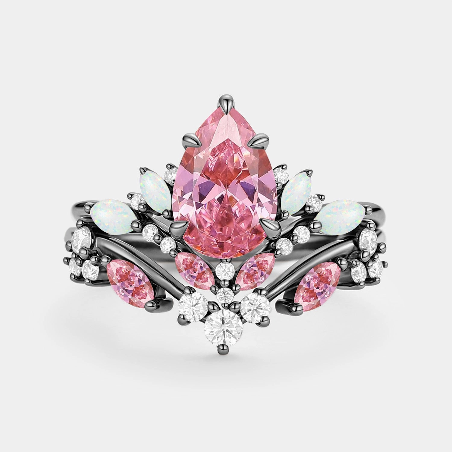 Pear Cut Lab Pink Sapphire & Lab Opal Leafy Ring Sets 2pcs - Nectar Economical Gift