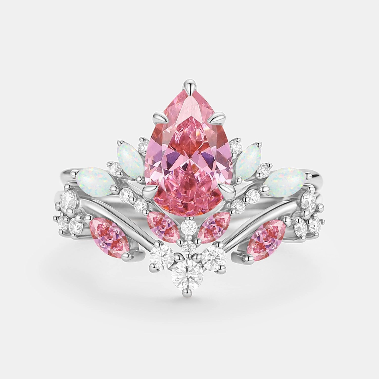 Subdued Sparkle Dazzling Touch Pear Cut Lab Pink Sapphire & Lab Opal Leafy Ring Sets 2pcs - Nectar