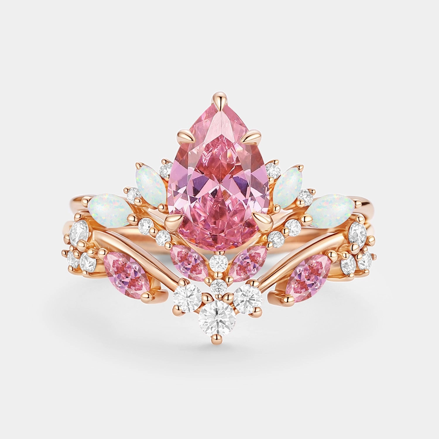 Branded Statement daily accessory Pear Cut Lab Pink Sapphire & Lab Opal Leafy Ring Sets 2pcs - Nectar