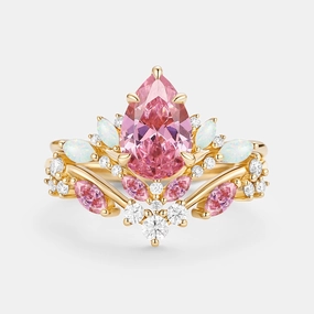 Pear Cut Lab Pink Sapphire & Lab Opal Leafy Ring Sets 2pcs - Nectar Refined Shine