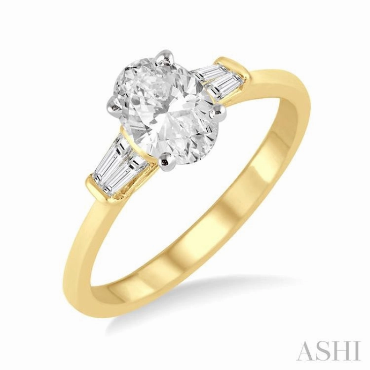 Delicate Adornment Exquisite Piece 1/2 Ctw Baguette and Oval Cut Diamond Ladies Engagement Ring with 1/3 Ct Oval Cut Center Stone in 14K Yellow and White Gold