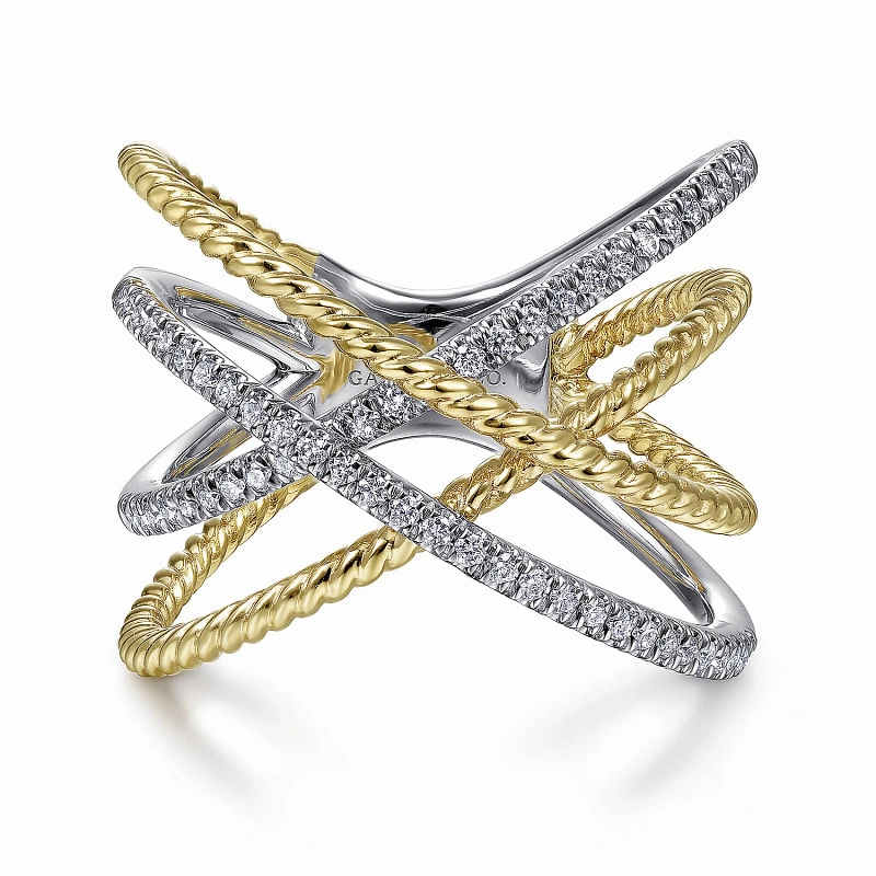 14K White-Yellow Gold Twisted Rope and Diamond Criss Cross Ring Gentle Radiance Exclusive Craft