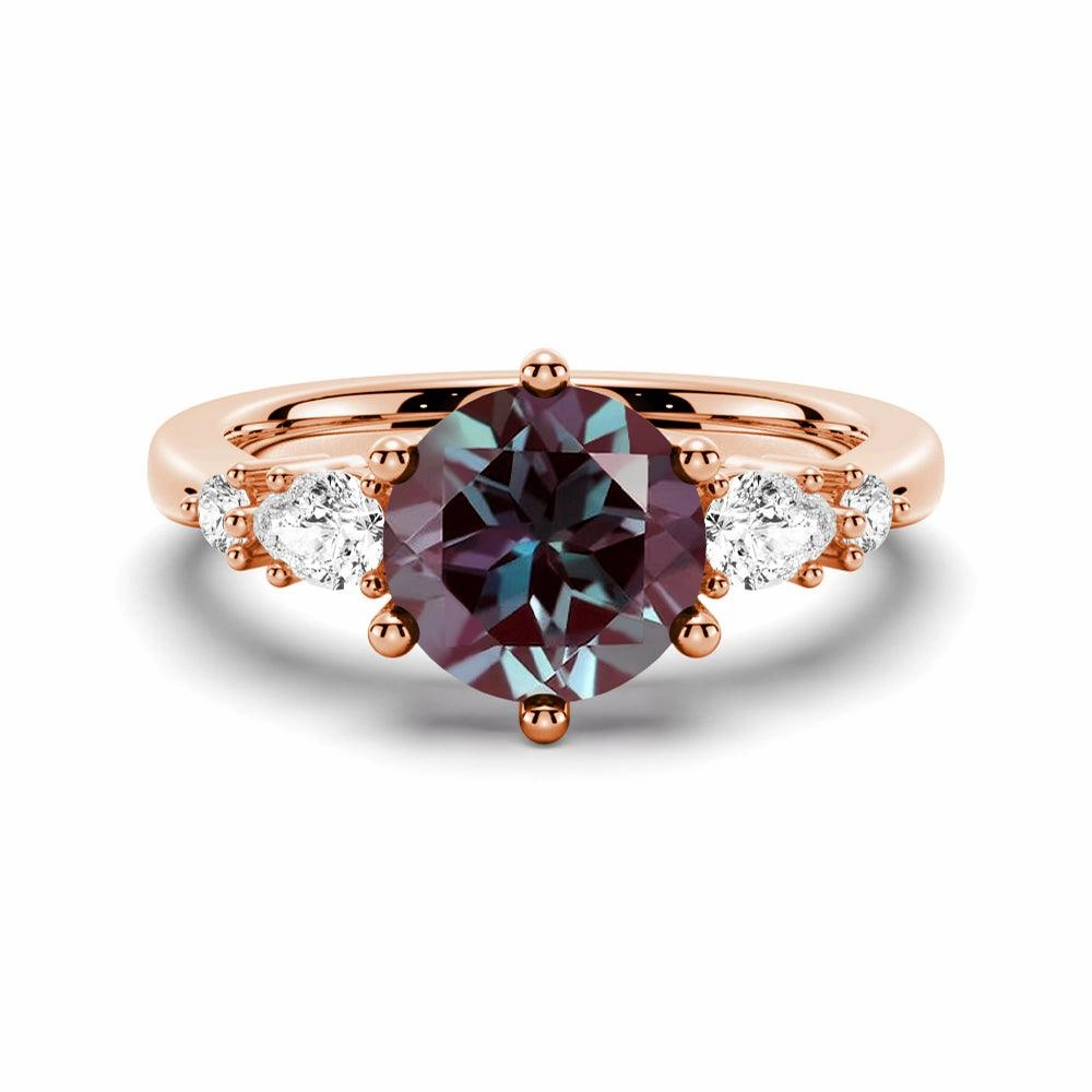 2 CT. Round Cut Alexandrite Engagement Ring With Pear Shaped Moissanite Accents Romantic Spark