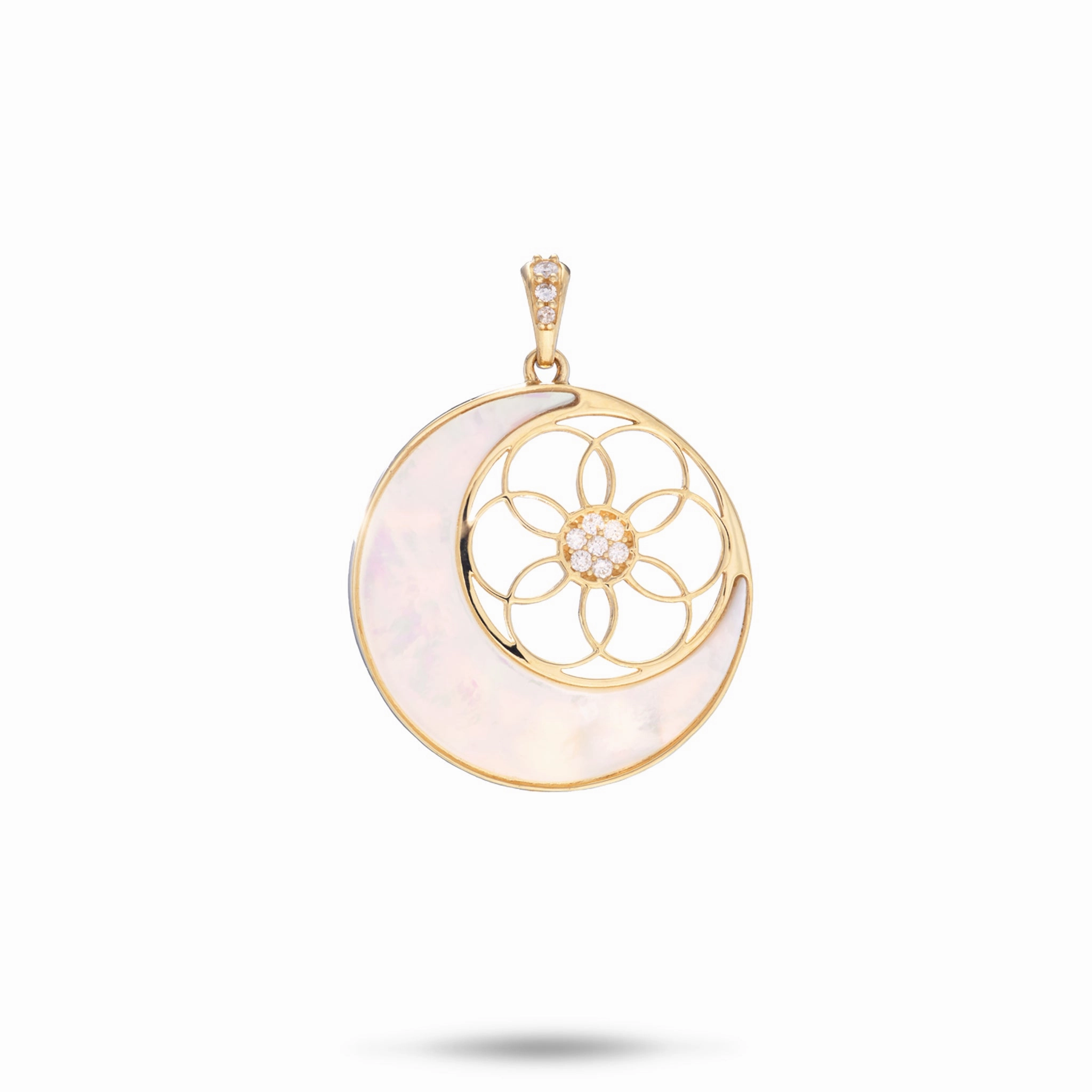 Natural Spark Luxury Contour Moon & Protea Star Mother of Pearl Pendant in Gold with Diamonds - 25mm