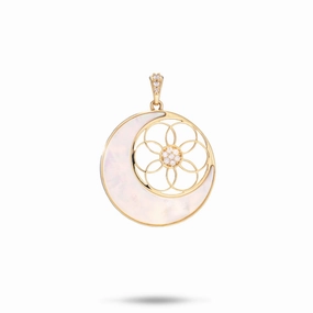 Natural Spark Luxury Contour Moon & Protea Star Mother of Pearl Pendant in Gold with Diamonds - 25mm