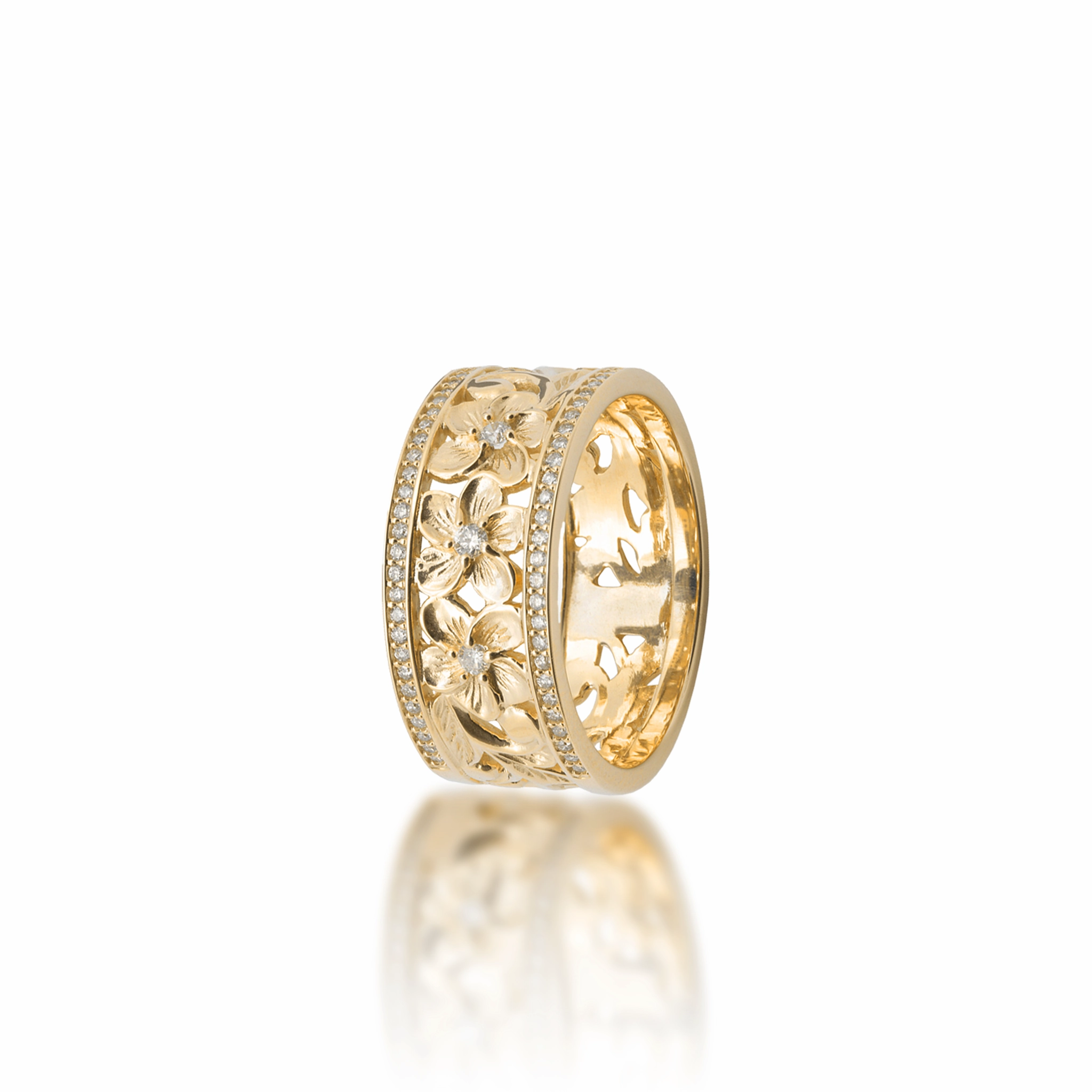 Dramatic Look Hawaiian Heirloom Plumeria Ring in Gold with Diamonds -10mm