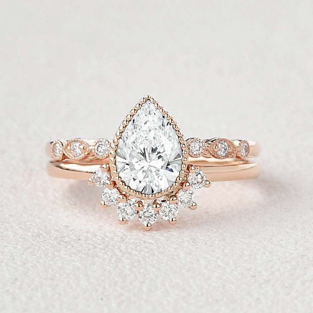 State Emblem Chic Set Vintage Milgrain Pear Cut Lab Grown Diamond Engagement Ring Set 2pcs