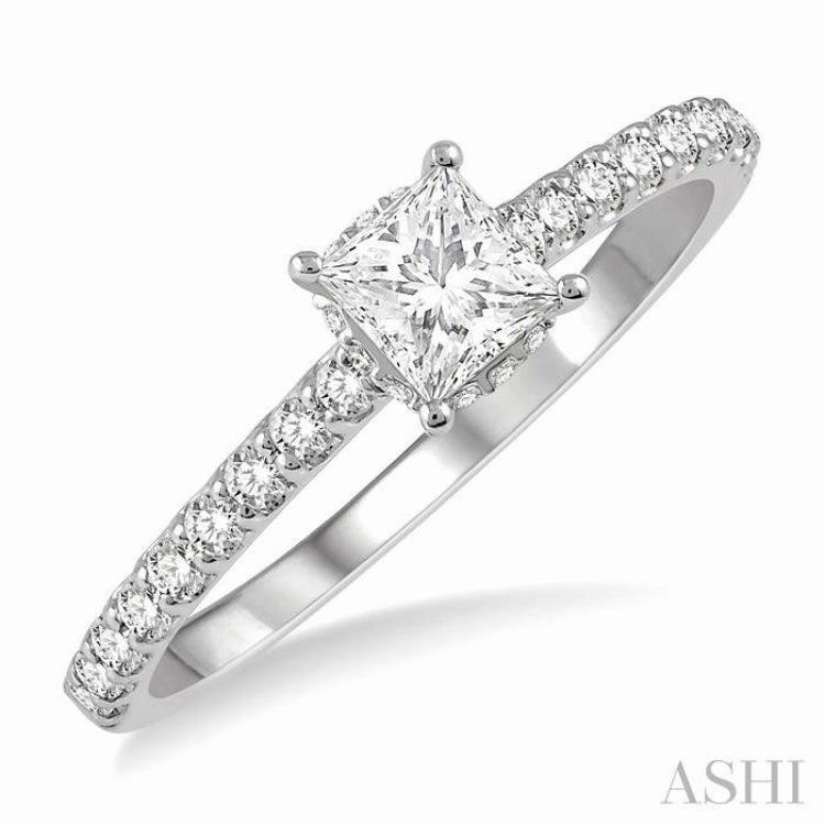 Delicate Adornment Machine Processed 1/2 ctw Round Cut Diamond Engagement Ring With 1/4 ct Princess Cut Center Stone in 14K White Gold