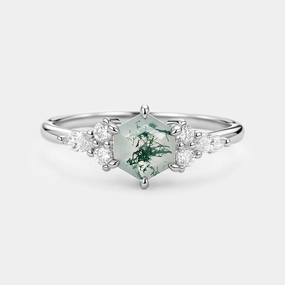 1.0ct Hexagon Moss Agate Cluster Engagement Ring Comfortable Art
