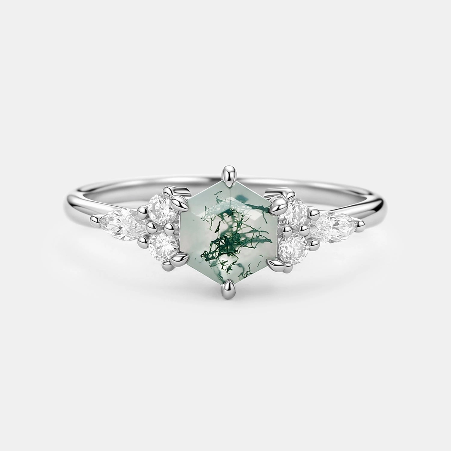 1.0ct Hexagon Moss Agate Cluster Engagement Ring Comfortable Art
