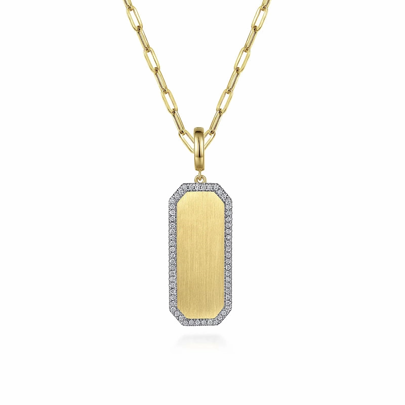 Artistic Accent 14K Yellow Gold Diamond Personalized Medallion Necklace with Hollow Paperclip Chain