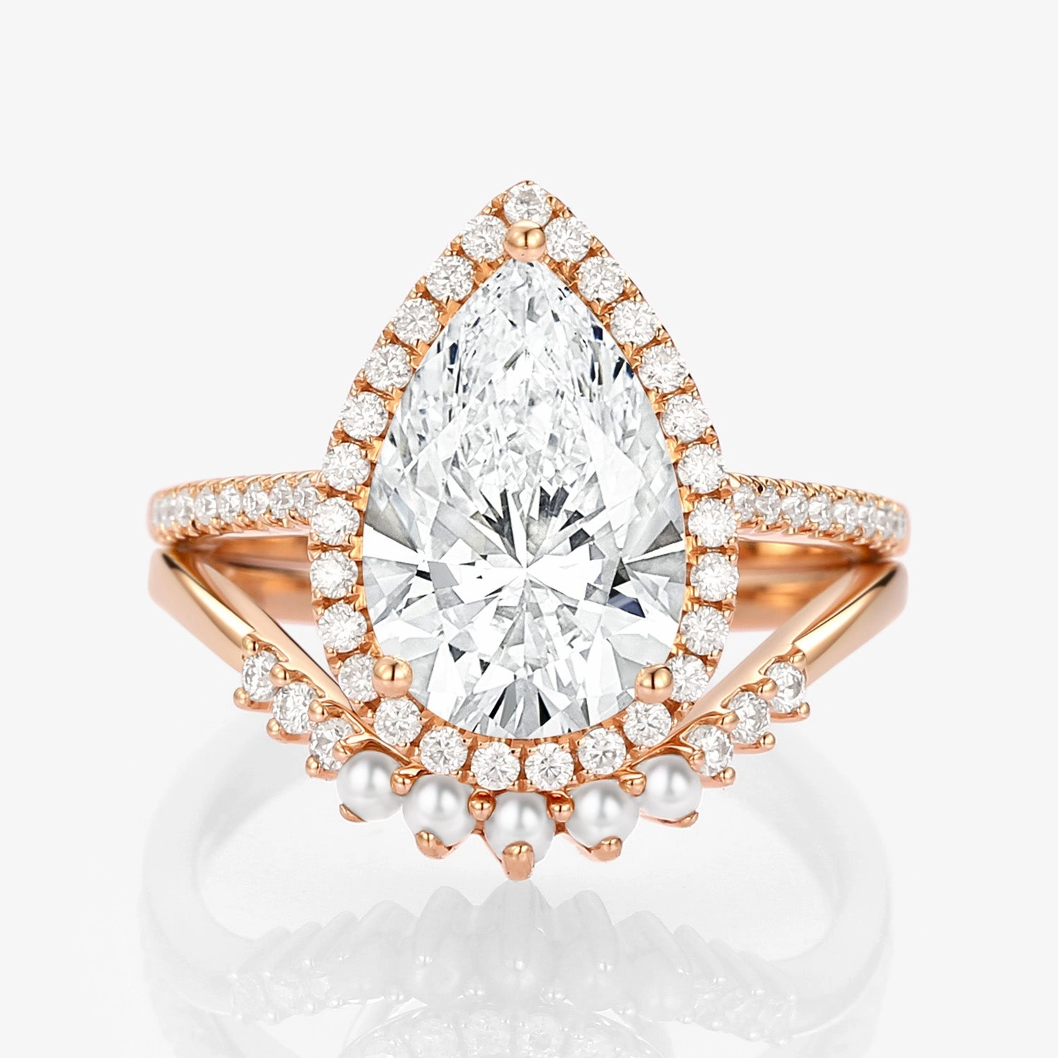 Contemporary Craft Stain Less 3.0ct Pear Shaped Lab Grown Diamond Pearl Gold Ring Set 2pcs