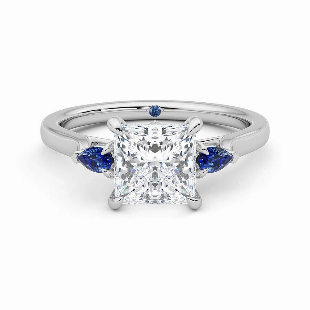 Delicate Feature Evening Look Princess Cut Three Stone Moissanite Engagement Ring with Hidden Anniversary Stone Accent