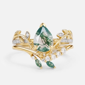 Leafy Pear Shaped Moss Agate Bridal Ring Set 2pcs Radiant Finish Delicate Accent