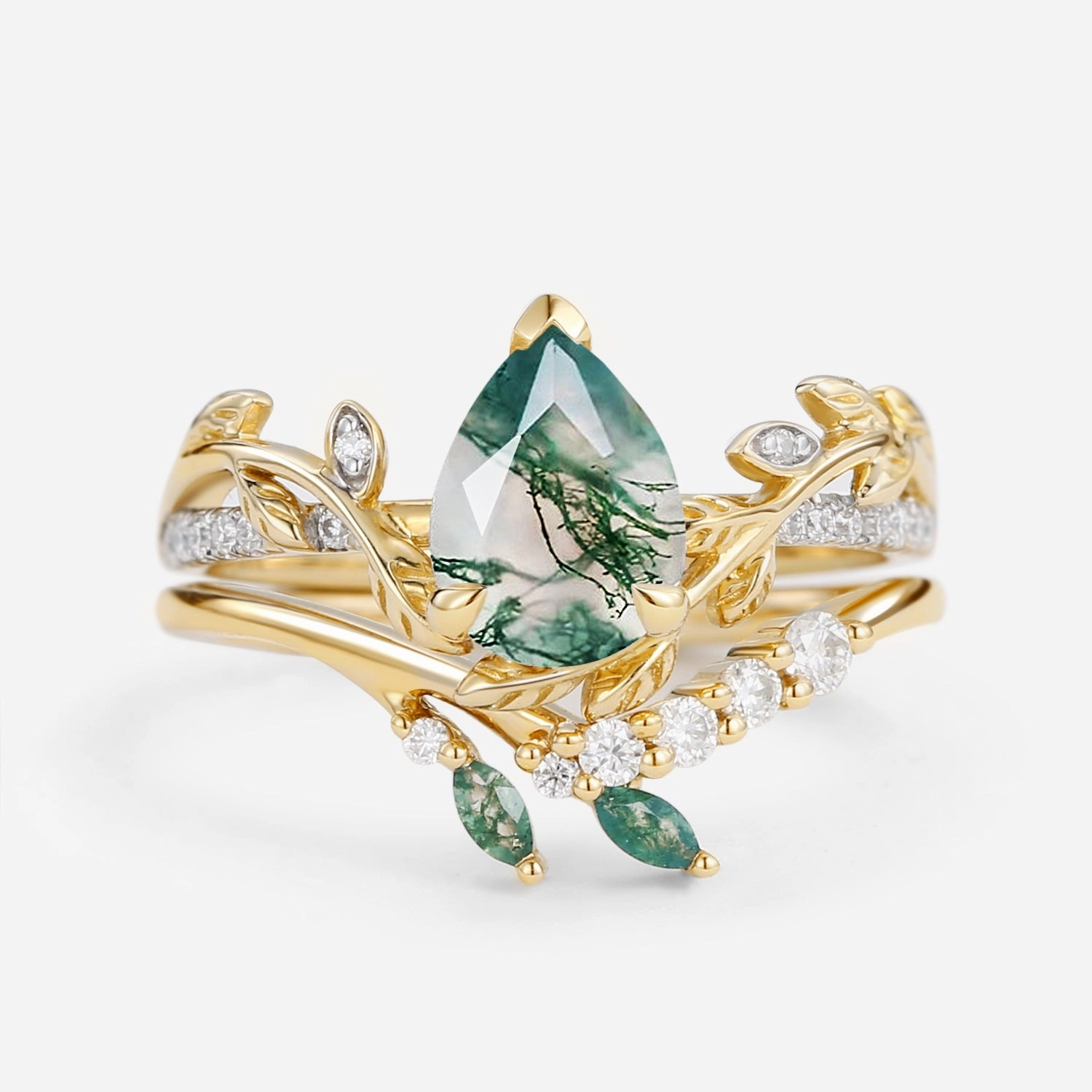Leafy Pear Shaped Moss Agate Bridal Ring Set 2pcs Branded Object Elegant Statement