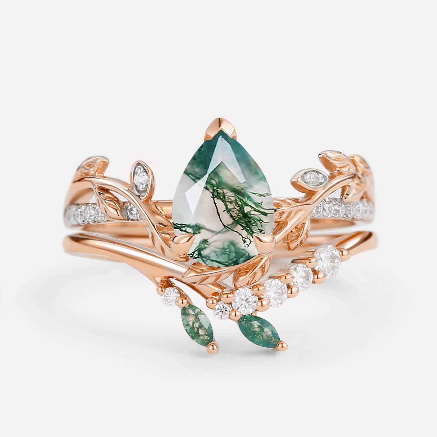 Secure Product Dashing Accessory Leafy Pear Shaped Moss Agate Bridal Ring Set 2pcs