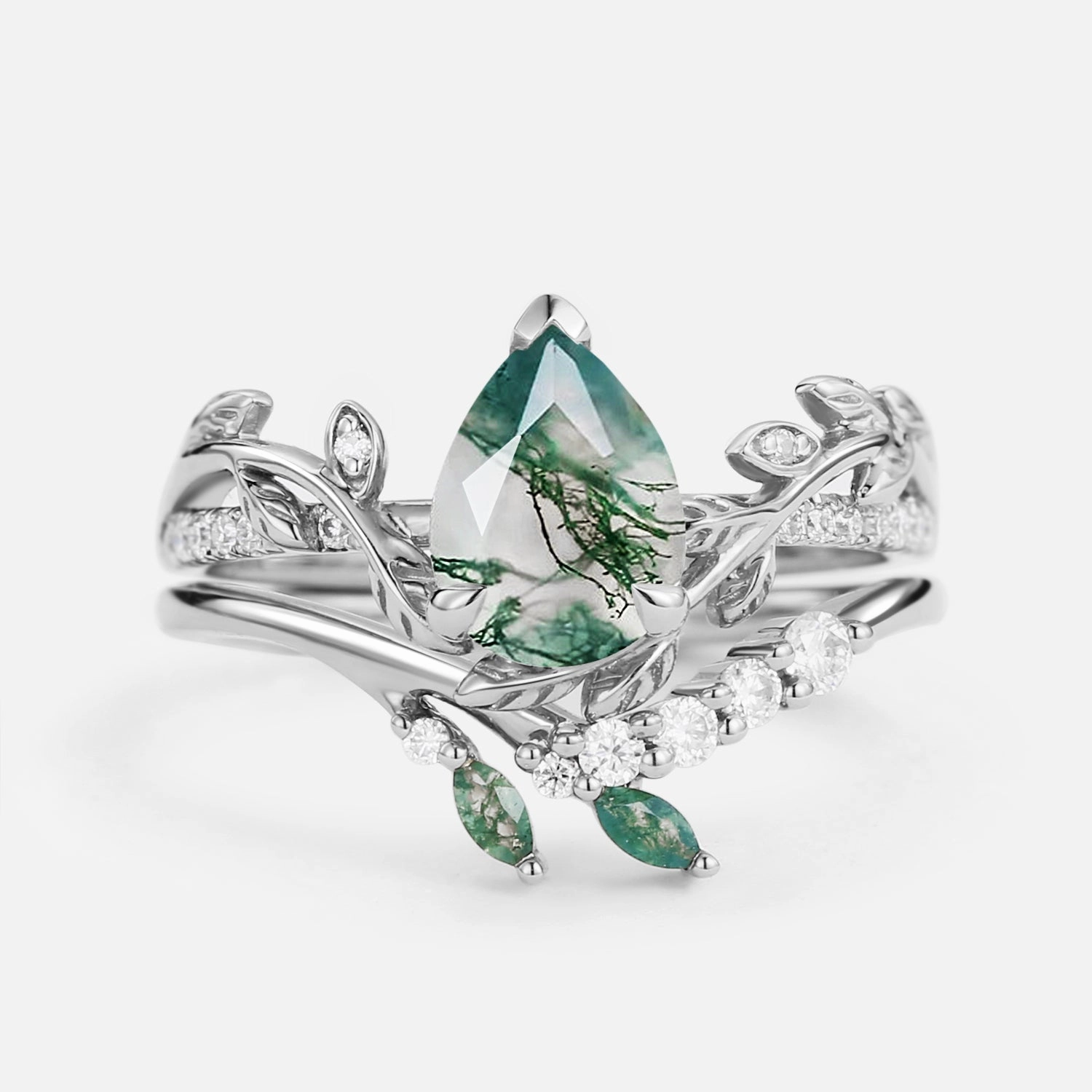 Luxury Accessories Radiant Jewelry Look Leafy Pear Shaped Moss Agate Bridal Ring Set 2pcs