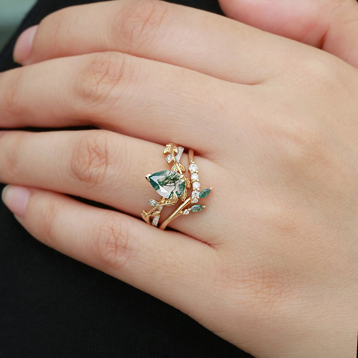 Leafy Pear Shaped Moss Agate Bridal Ring Set 2pcs Satisfaction Ensured