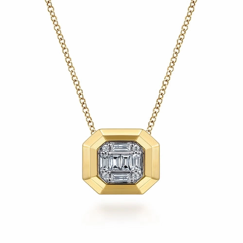 Chic Element 14K Yellow Gold Geometric Baguette and Round Diamond Pendant Necklace