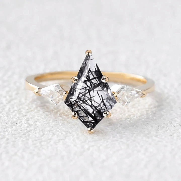 Party fashion Twinning Kite Black Rutilated Quartz Three Stone Engagement Ring