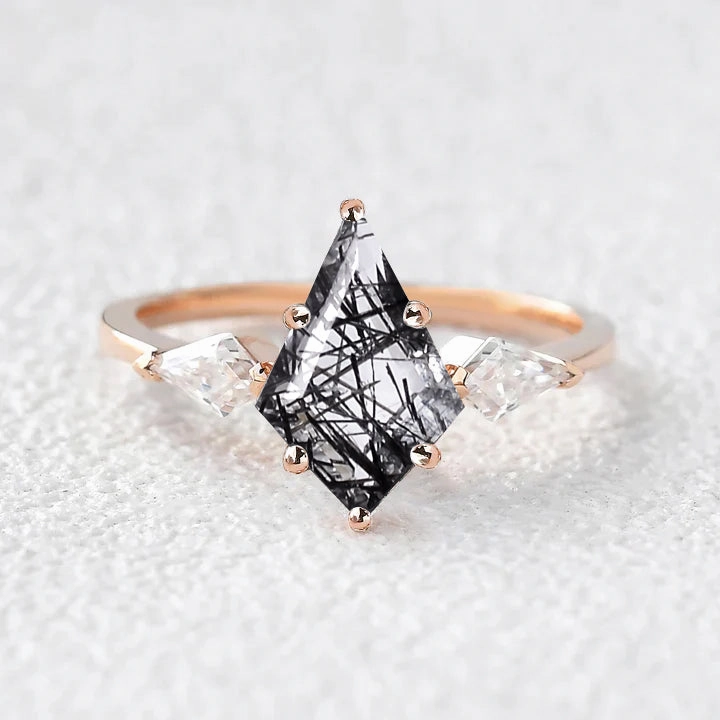 Innovative concept Glamorous Work Twinning Kite Black Rutilated Quartz Three Stone Engagement Ring