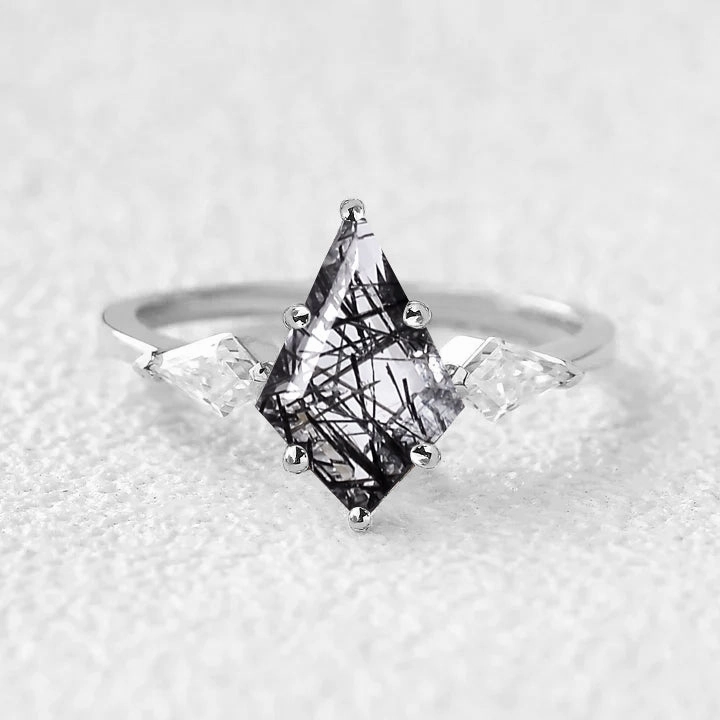 Twinning Kite Black Rutilated Quartz Three Stone Engagement Ring Vintage Accessory