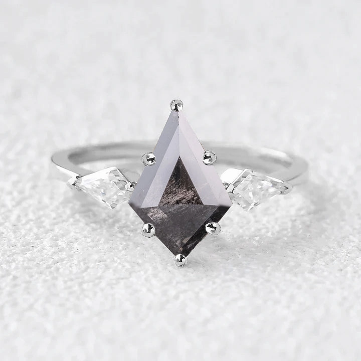 Twinning Kite Black Rutilated Quartz Three Stone Engagement Ring Perfect Gift Classic Simplicity