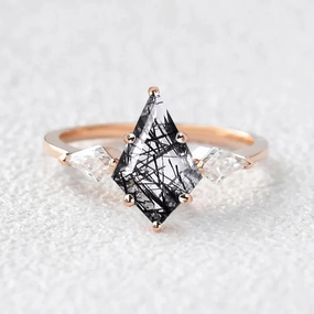 Innovative concept Glamorous Work Twinning Kite Black Rutilated Quartz Three Stone Engagement Ring