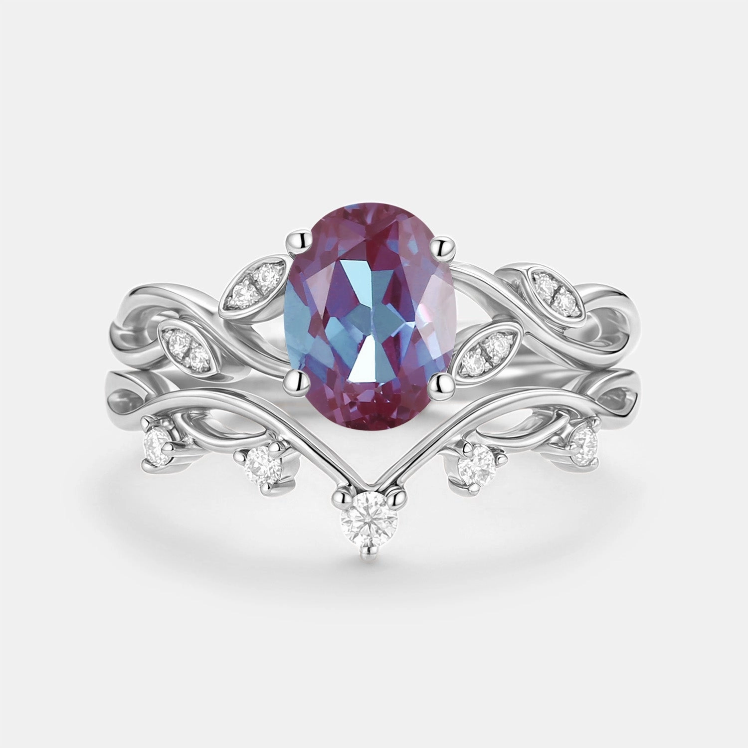 High-End Jewelry Mood Setter Lab Alexandrite Oval Cut Leaf Ring Set 2pcs - Eiryn