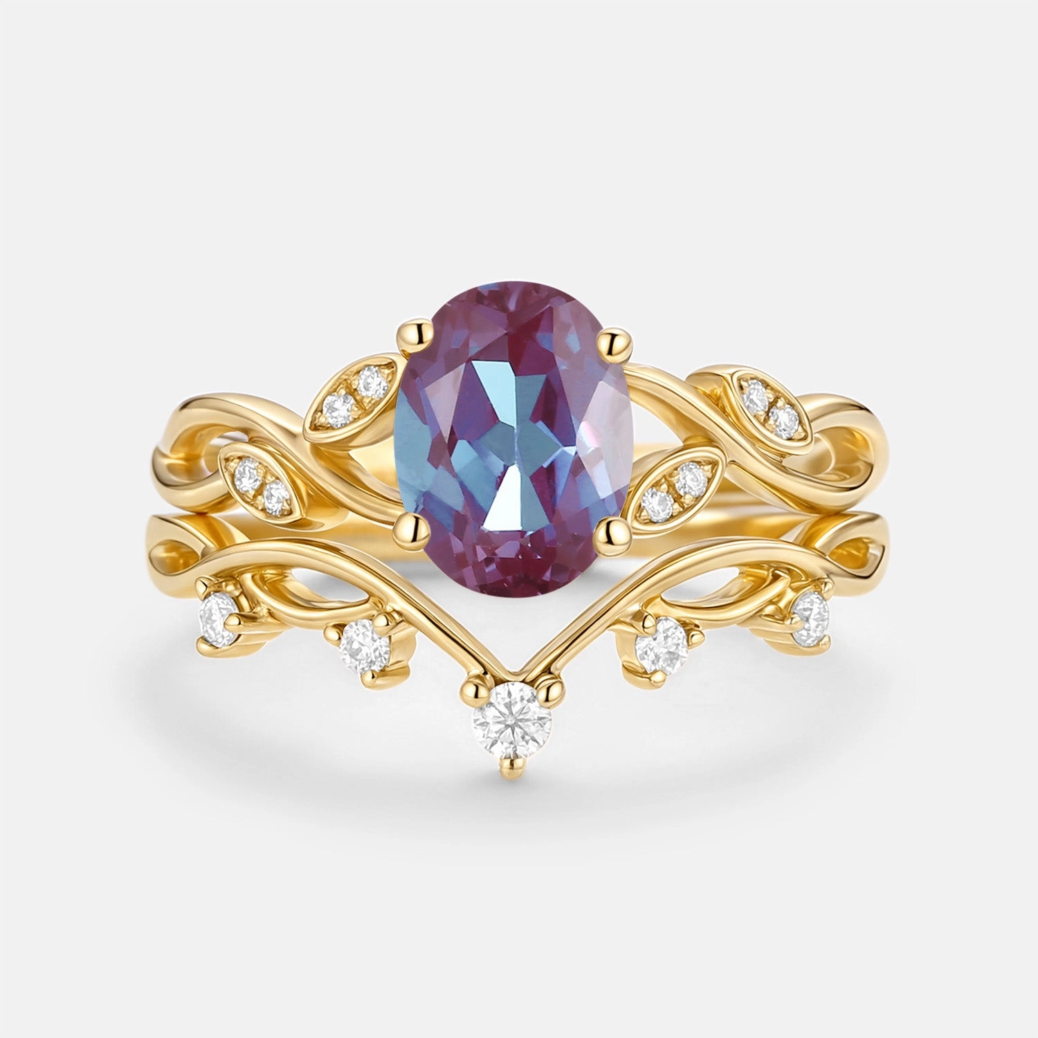 Lab Alexandrite Oval Cut Leaf Ring Set 2pcs - Eiryn Traditional Use Graceful Edge