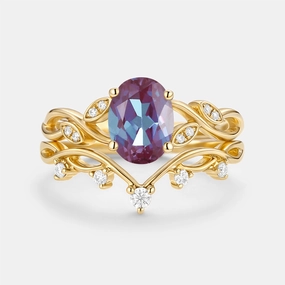 Lab Alexandrite Oval Cut Leaf Ring Set 2pcs - Eiryn Traditional Use Graceful Edge