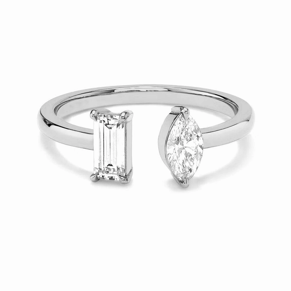 Baguette and Marquise Lab Grown Diamond Toi et Moi Promise Ring Shimmering Highlight Natural Flow