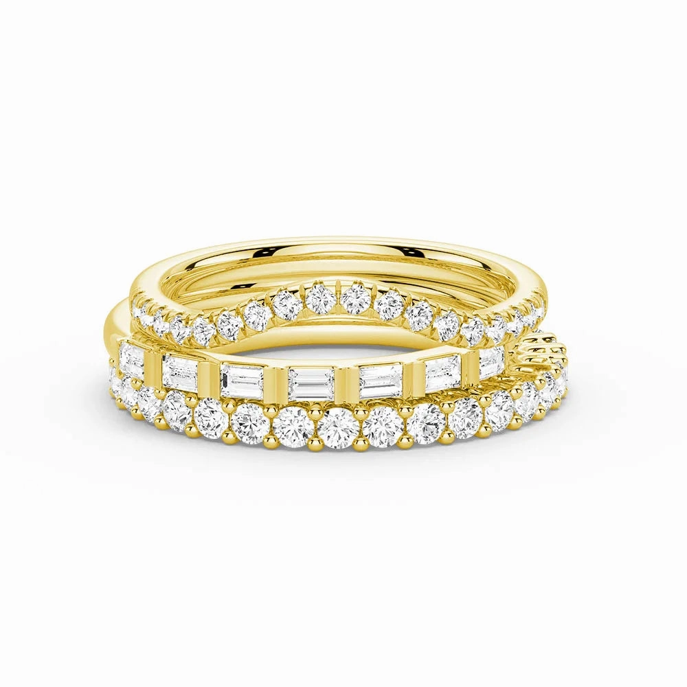 Classic Fashion Baguette and Round Cut Moissanite Wedding Bands with French Pave Band Stacking Rings
