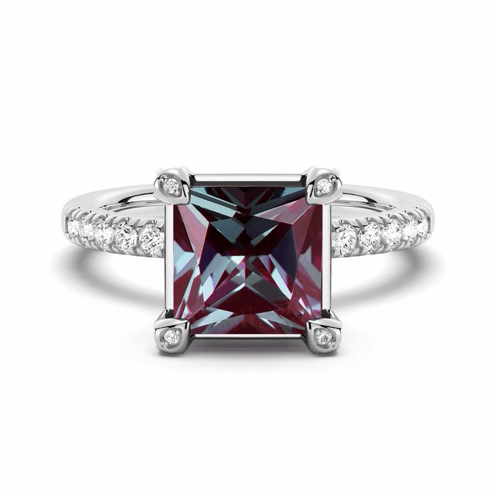 3 CT. Princess Cut Alexandrite Engagement Ring With Moissanite Accents Graceful Flow Polished Design
