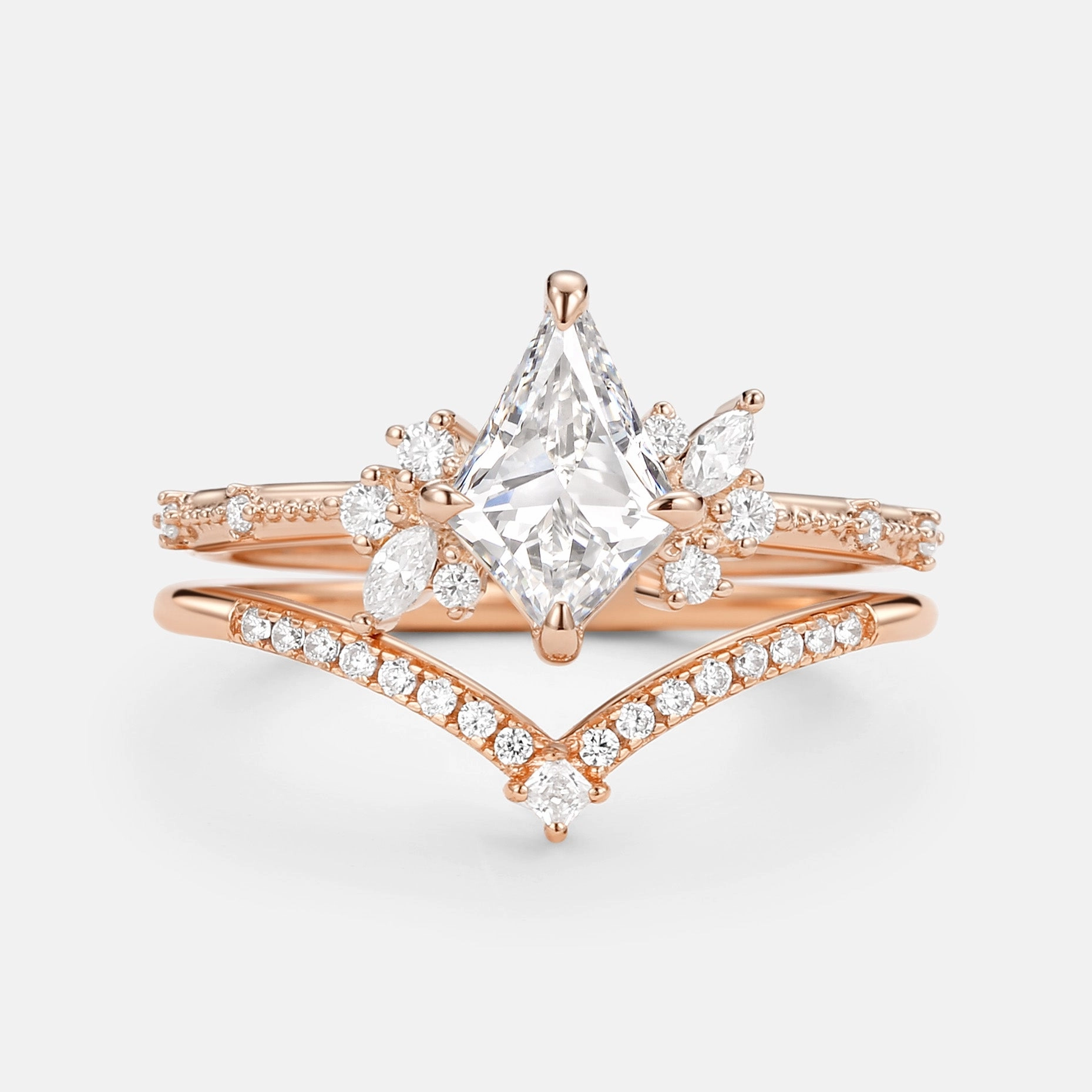 Beach Wear Unique Kite Cut Lab Grown Diamond Engagement Ring Set 2pcs