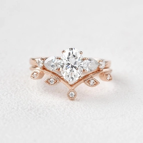 Oval & V Shaped Moissanite  Rose Gold Bridal Set 2pcs Ring Cool Contrast