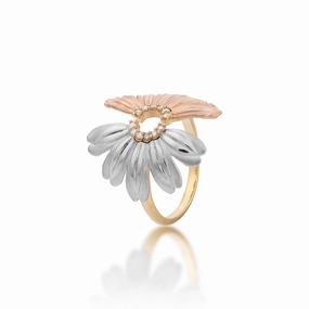Premium Quality Vibrant Touch Pieces Beach & Mountain Naupaka Ring in Tri Color Gold with Diamonds