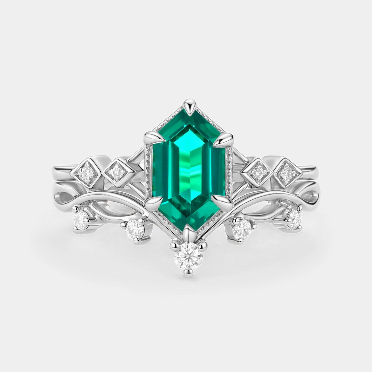 Exclusive Style Elongated Hexagon Lab Emerald Twig Engagement Ring Set 2pcs - Nia