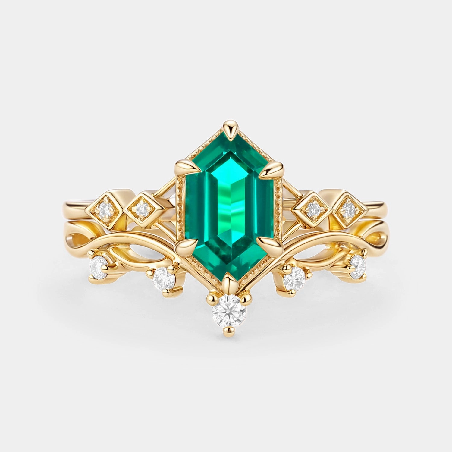 Elongated Hexagon Lab Emerald Twig Engagement Ring Set 2pcs - Nia Trendy Gift